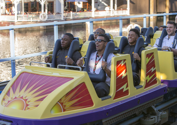 (December 26, 2015) Ð Defensive Back Jordan Lomax (left) and Running Back Jordan Canzeri (right) from the No. 5 CFP-ranked Iowa Hawkeyes, champions of the Big Ten West Division, ride California ScreaminÕ at Disney California Adventure Park in Anaheim, Calif., on Saturday during the teamÕs first official Rose Bowl Game week appearance. (Paul Hiffmeyer/Disneyland Resort)