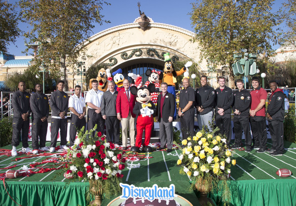 (December 26, 2015)  The No. 5 CFP-ranked Iowa Hawkeyes, champions of the Big Ten West Division, and the No. 6 CFP-ranked Stanford Cardinal, champions of the Pac-12 Conference, made their first official appearances of the Rose Bowl Game week during a ceremony at Disney California Adventure Park in Anaheim, Calif., on Saturday. The teams and their coaches, Iowa Head Coach Kirk Ferentz and Stanford Head Coach David Shaw, were joined by Tournament of Roses President, Mike Matthiessen, Mickey Mouse, and Disneyland Resort President Michael Colglazier. (Paul Hiffmeyer/Disneyland Resort)