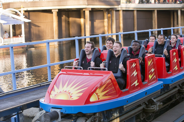 (December 26, 2015) Ð Quarterback Kevin Hogan (left) and Running Back Christian McCaffrey (right) from the No. 6 CFP-ranked Stanford Cardinal, champions of the Pac-12 Conference, ride California ScreaminÕ at Disney California Adventure Park in Anaheim, Calif., on Saturday during the teamÕs first official Rose Bowl Game week appearance. (Paul Hiffmeyer/Disneyland Resort)