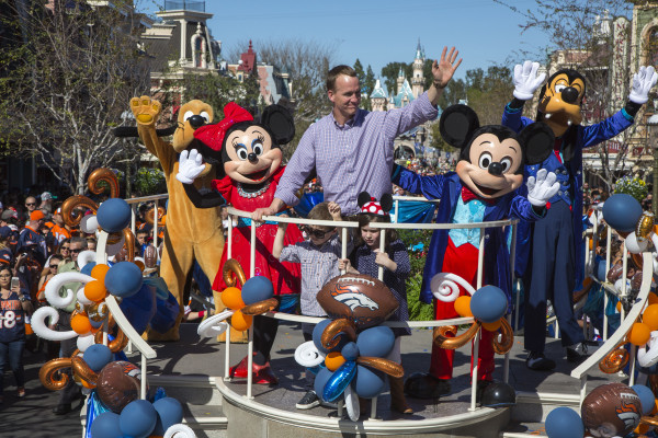 (February 8, 2016) In honor of the Denver Broncos' unforgettable victory at Super Bowl 50, the Disneyland Resort saluted quarterback Peyton Manning with a champion's parade down Main Street, U.S.A. at Disneyland Park in Anaheim, Calif., on Monday. Some favorite Disney characters joined the parade as Manning rode in a float with his children, Mosely and Marshall. (Paul Hiffmeyer/Disneyland Resort)