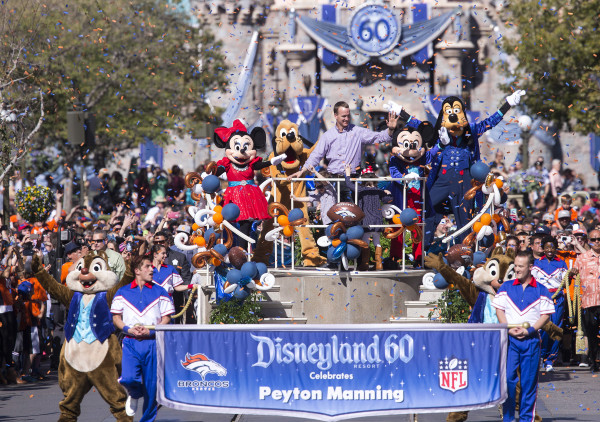 (February 8, 2016) In honor of the Denver Broncos' unforgettable victory in Super Bowl 50, the Disneyland Resort saluted quarterback Peyton Manning with a champion's parade down Main Street, U.S.A. at Disneyland Park in Anaheim, Calif., on Monday. Some favorite Disney characters joined the parade as Manning rode in a float with his children, Mosely and Marshall. (Paul Hiffmeyer/Disneyland Resort)