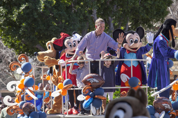 (February 8, 2016) In honor of the Denver Broncos' unforgettable victory at Super Bowl 50, the Disneyland Resort saluted quarterback Peyton Manning with a champion's parade down Main Street, U.S.A. at Disneyland Park in Anaheim, Calif., on Monday. Some favorite Disney characters joined the parade as Manning rode in a float with his children, Mosely and Marshall. (Scott Brinegar/Disneyland Resort)