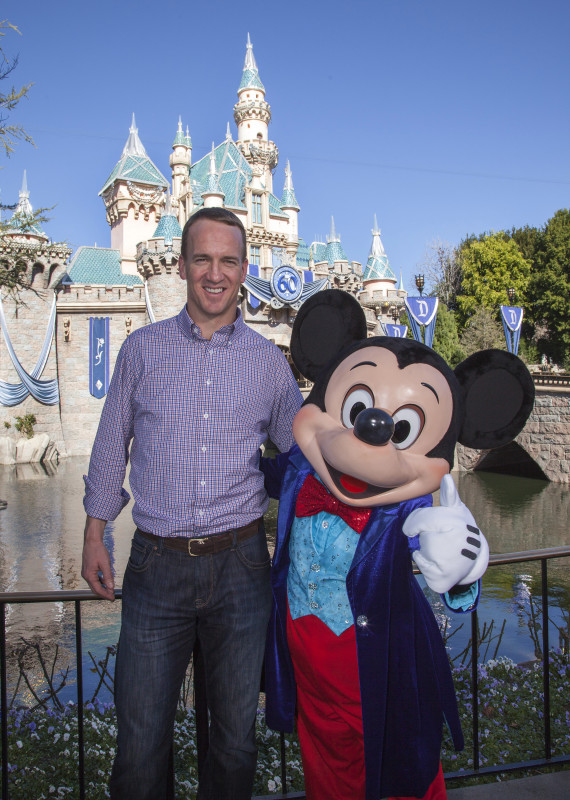 (February 8, 2016) Mickey Mouse greets Denver Broncos quarterback Peyton Manning at Sleeping Beauty Castle at Disneyland park in Anaheim, Calif., on Monday. In honor of the Denver Broncos' unforgettable victory at Super Bowl 50, the Disneyland Resort saluted Manning with a champion's parade down Main Street, U.S.A. (Scott Brinegar/Disneyland)